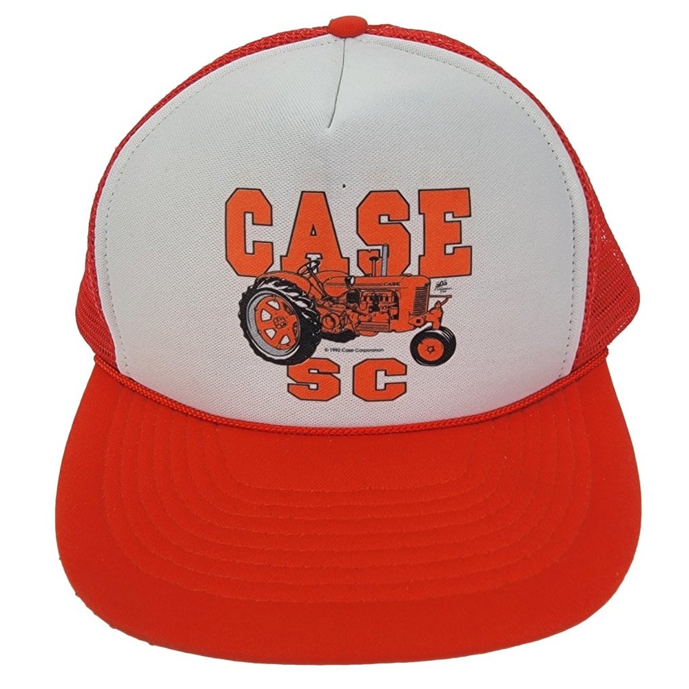 CASE SC Tractor Farm Hat Snapback Trucker Cap Vintage 90s Orange White Mesh Back